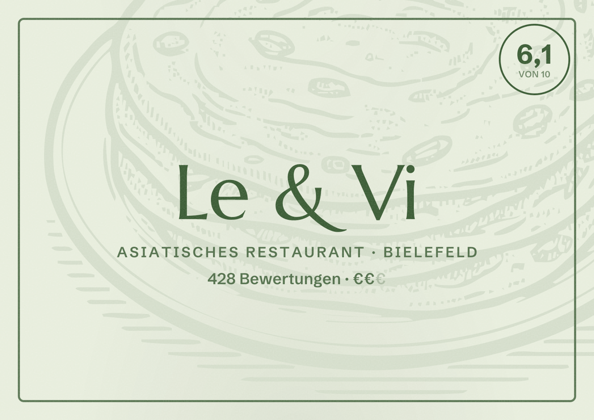 Illustriertes Poster von Le & Vi, Asiatisches Restaurant in Bielefeld: Bewertung 6,1 von 10 aus 428 Bewertungen, Preisniveau €€
