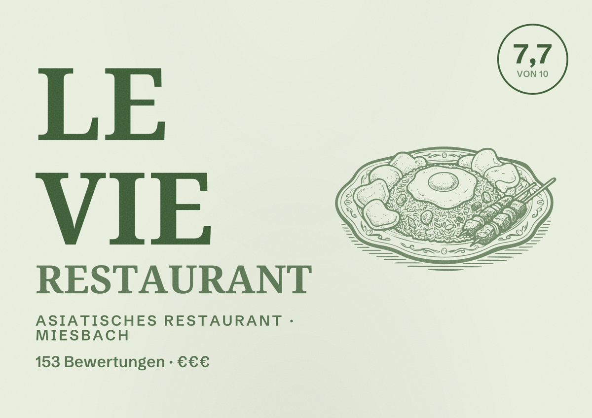 Illustriertes Poster von Le Vie Restaurant, Asiatisches Restaurant in Miesbach: Bewertung 7,7 von 10 aus 153 Bewertungen, Preisniveau €€€