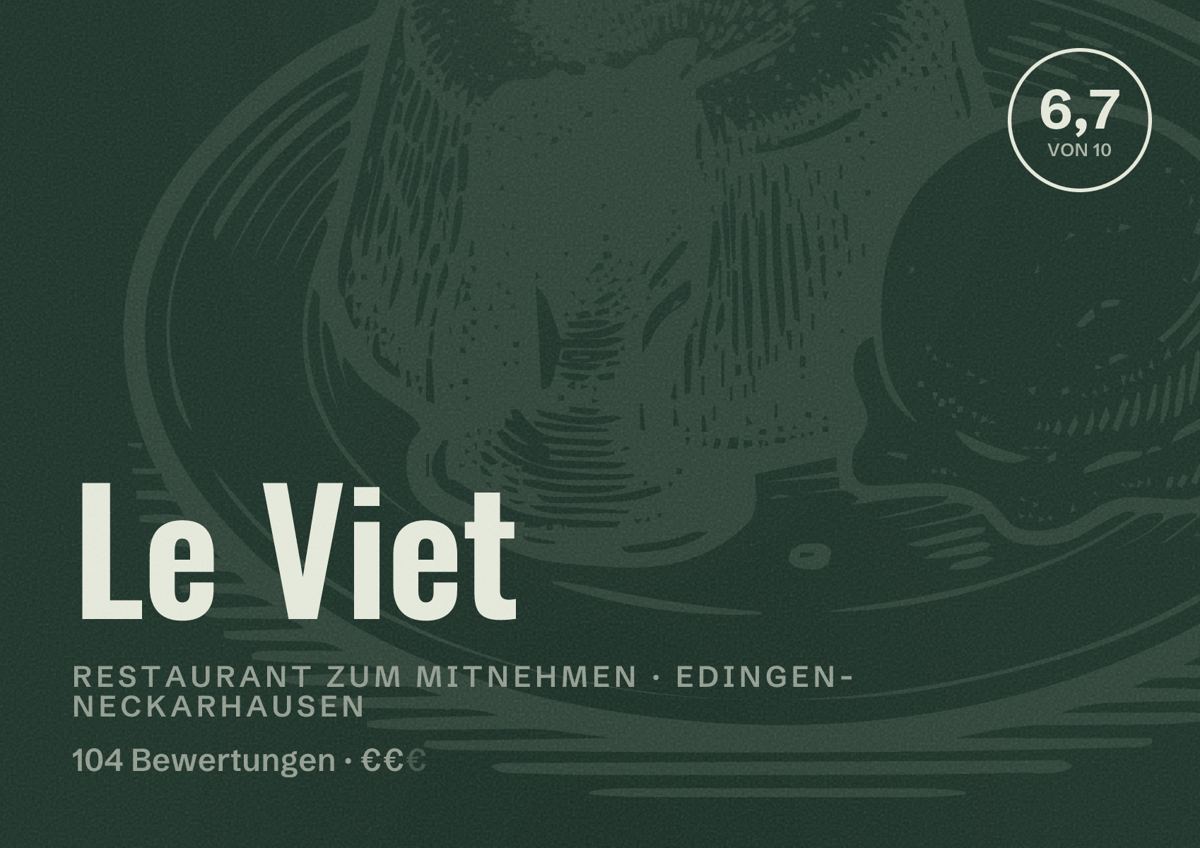 Illustriertes Poster von Le Viet, Restaurant zum Mitnehmen in Edingen-Neckarhausen: Bewertung 6,7 von 10 aus 104 Bewertungen, Preisniveau €€