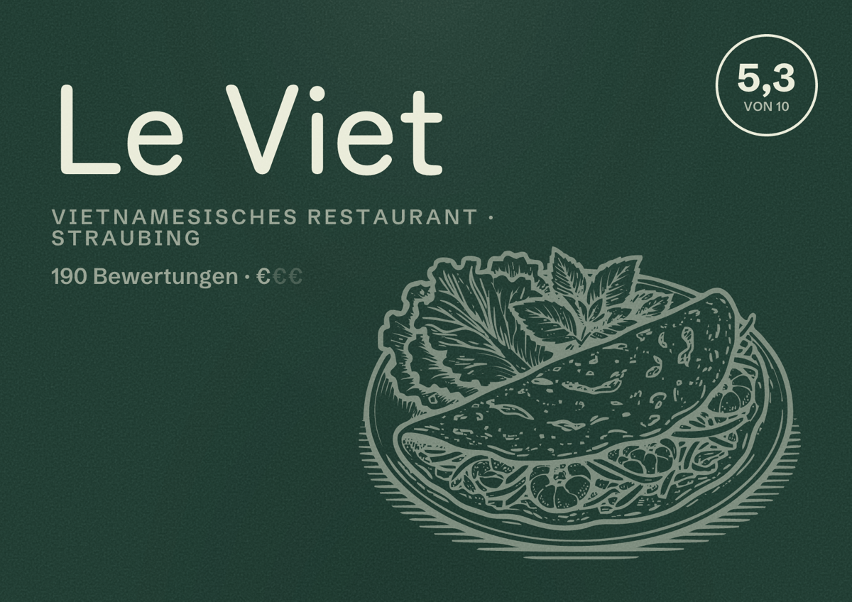 Illustriertes Poster von Le Viet, Vietnamesisches Restaurant in Straubing: Bewertung 5,3 von 10 aus 190 Bewertungen, Preisniveau €