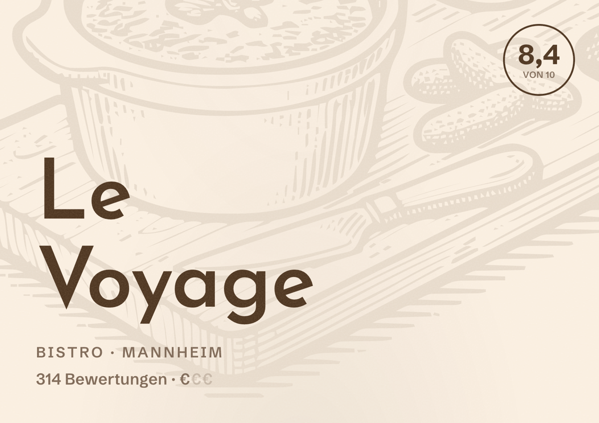 Illustriertes Poster von Le Voyage, Bistro in Mannheim: Bewertung 8,4 von 10 aus 314 Bewertungen, Preisniveau €