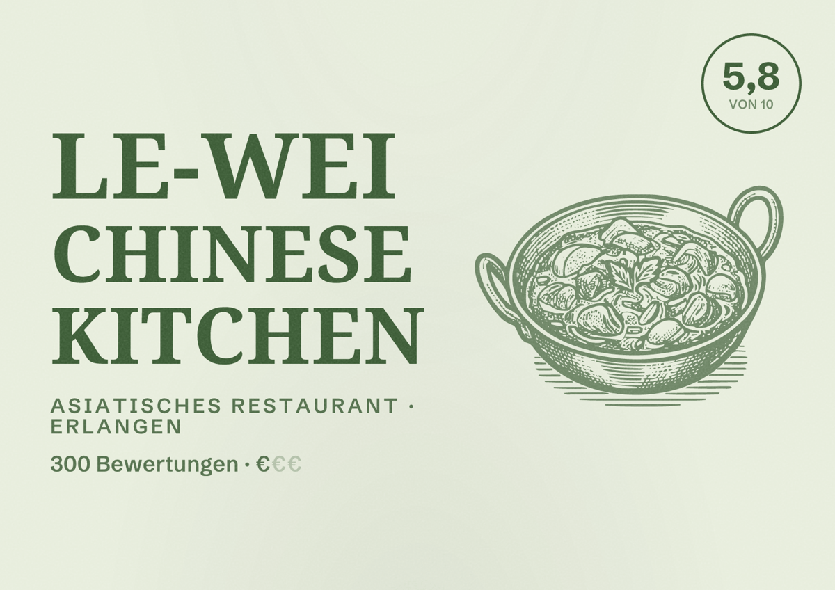Illustriertes Poster von Le-Wei Chinese Kitchen, Asiatisches Restaurant in Erlangen: Bewertung 5,8 von 10 aus 300 Bewertungen, Preisniveau €