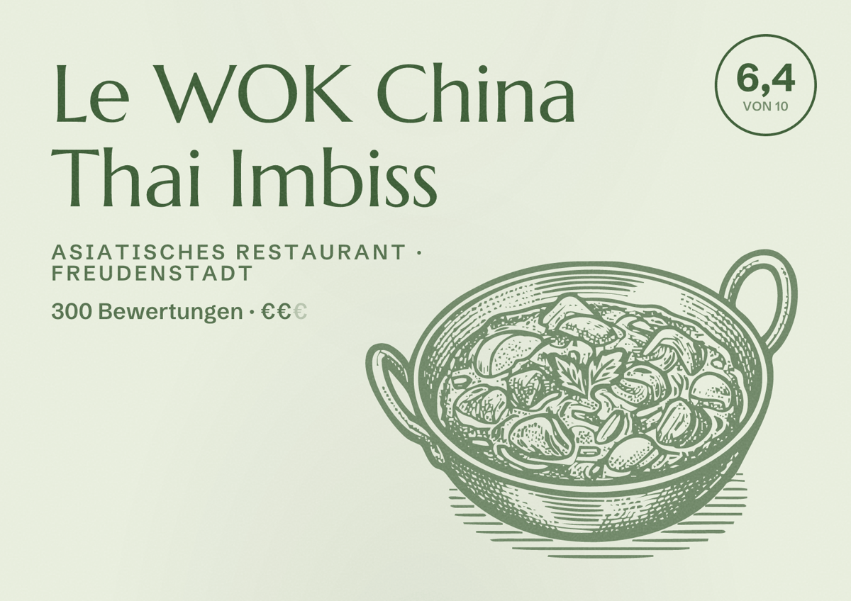 Illustriertes Poster von Le WOK China Thai Imbiss, Asiatisches Restaurant in Freudenstadt: Bewertung 6,4 von 10 aus 300 Bewertungen, Preisniveau €€