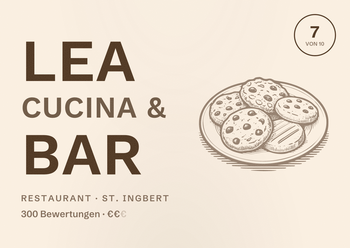 Illustriertes Poster von Lea Cucina & Bar, Restaurant in St. Ingbert: Bewertung 7 von 10 aus 300 Bewertungen, Preisniveau €€