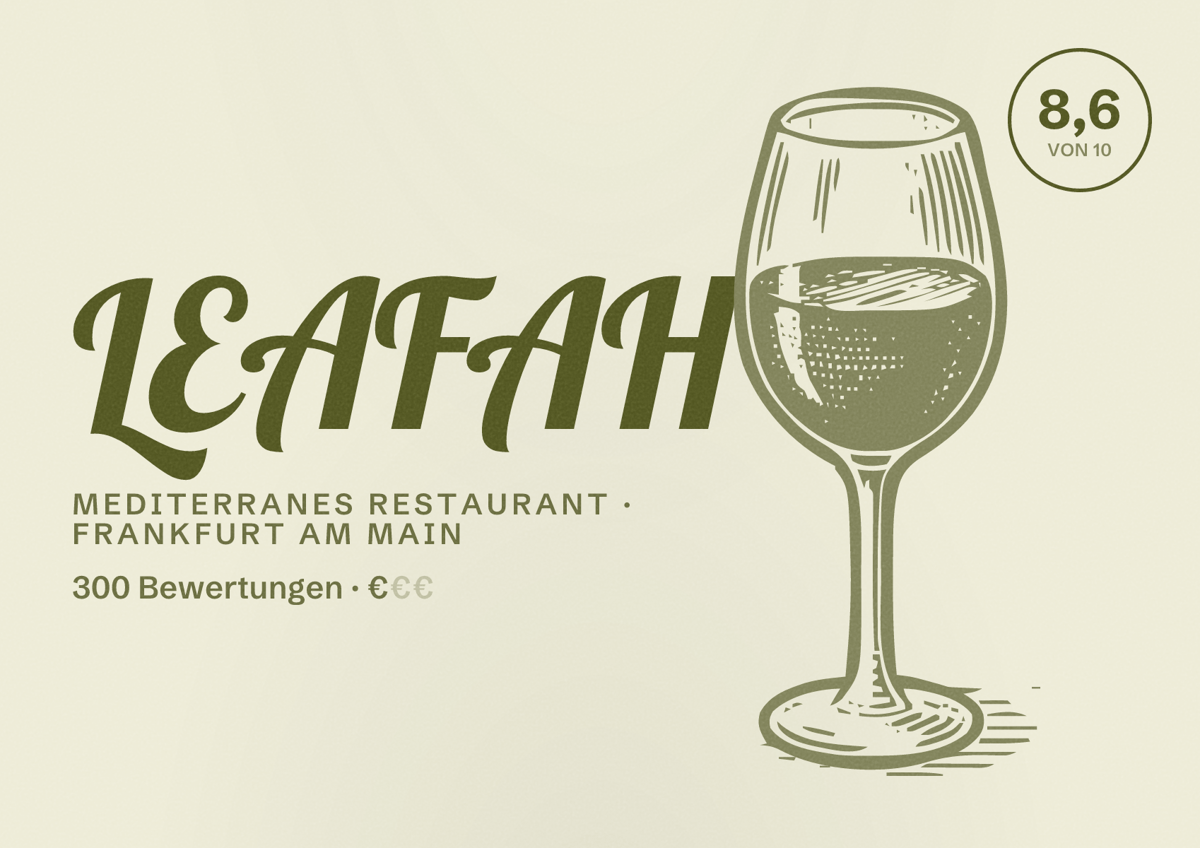 Illustriertes Poster von LEAFAH, Mediterranes Restaurant in Frankfurt am Main: Bewertung 8,6 von 10 aus 300 Bewertungen, Preisniveau €