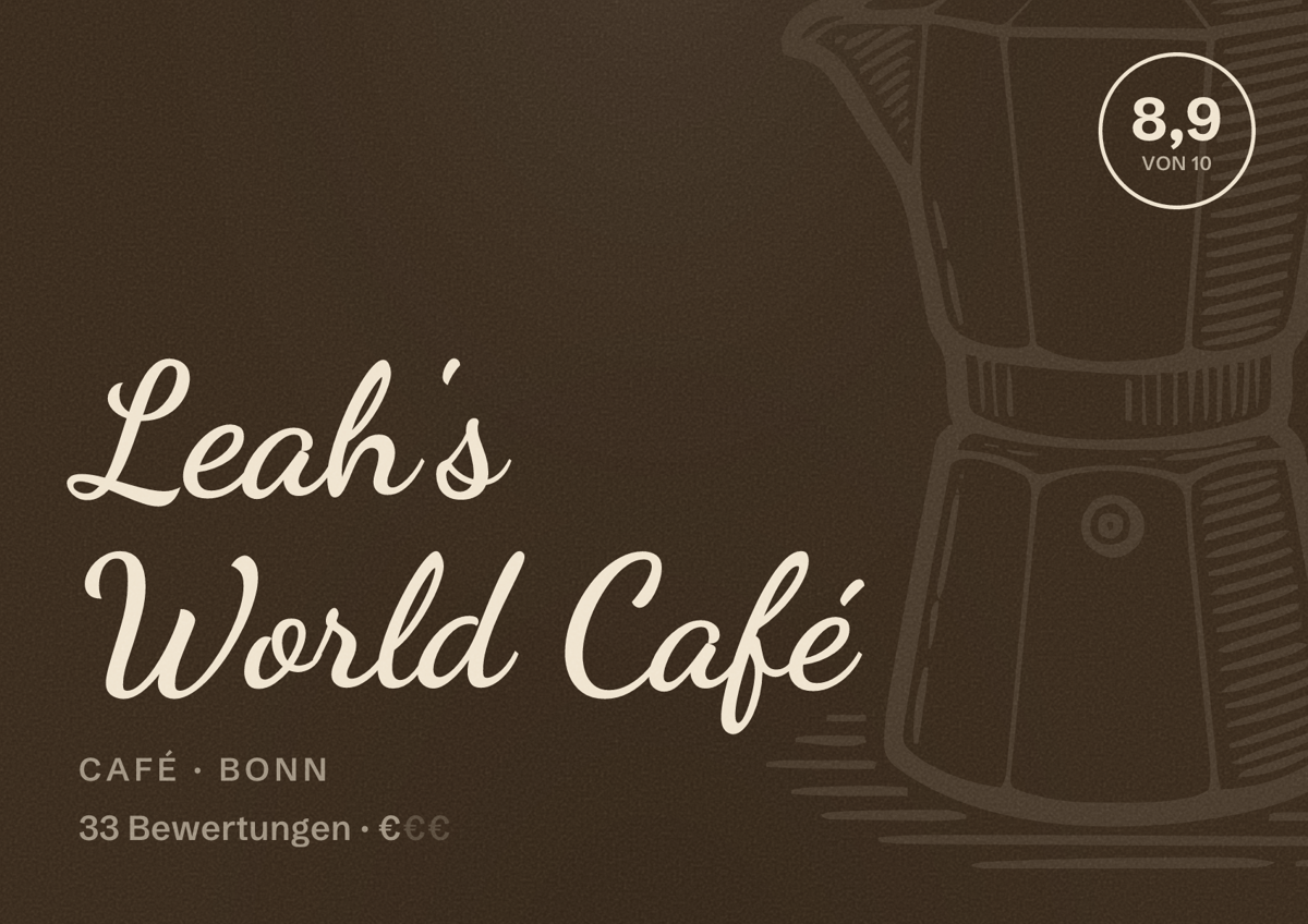 Illustriertes Poster von Leah's World Café, Café in Bonn: Bewertung 8,9 von 10 aus 33 Bewertungen, Preisniveau €