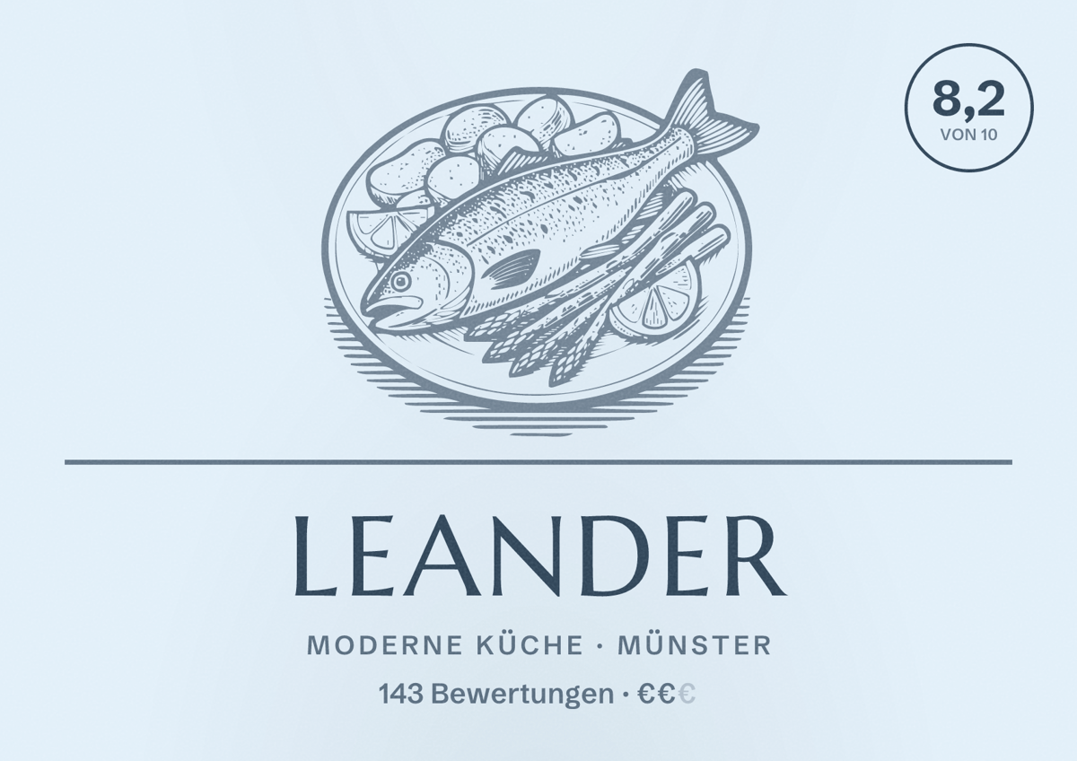 Illustriertes Poster von Leander, Moderne Küche in Münster: Bewertung 8,2 von 10 aus 143 Bewertungen, Preisniveau €€