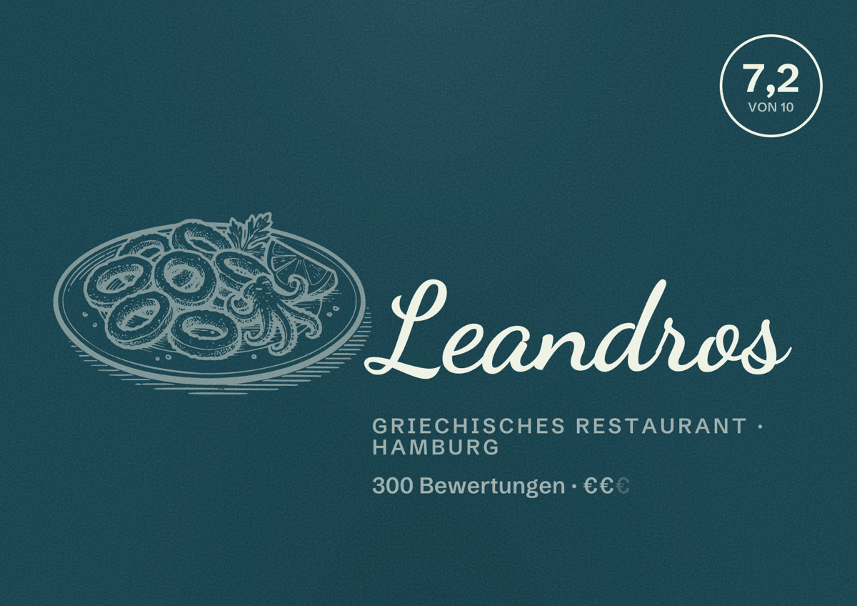 Illustriertes Poster von Leandros, Griechisches Restaurant in Hamburg: Bewertung 7,2 von 10 aus 300 Bewertungen, Preisniveau €€