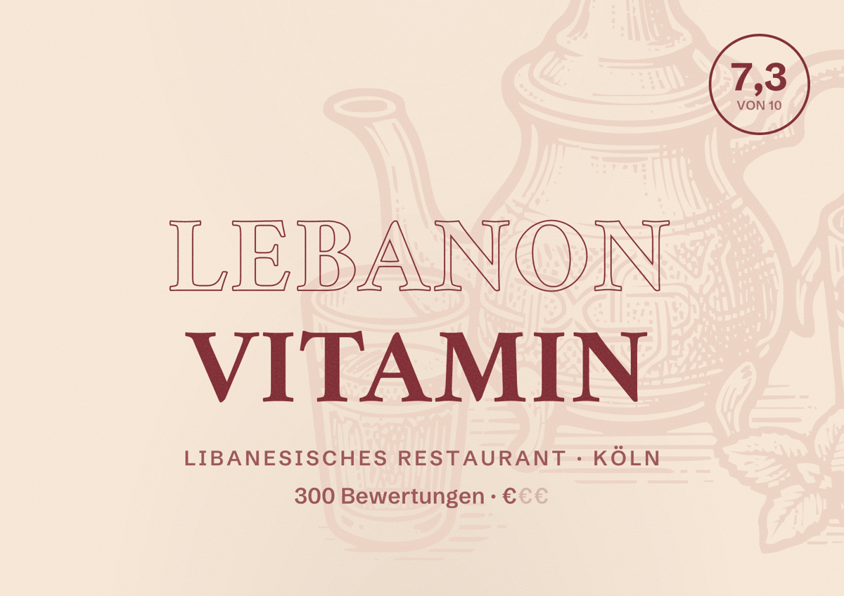 Illustriertes Poster von Lebanon Vitamin, Libanesisches Restaurant in Köln: Bewertung 7,3 von 10 aus 300 Bewertungen, Preisniveau €