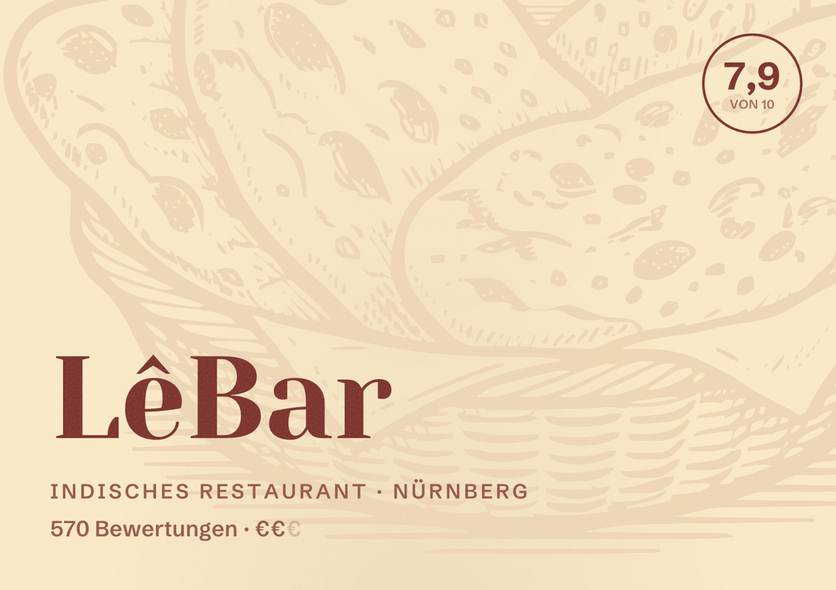 Illustriertes Poster von LêBar, Indisches Restaurant in Nürnberg: Bewertung 7,9 von 10 aus 570 Bewertungen, Preisniveau €€