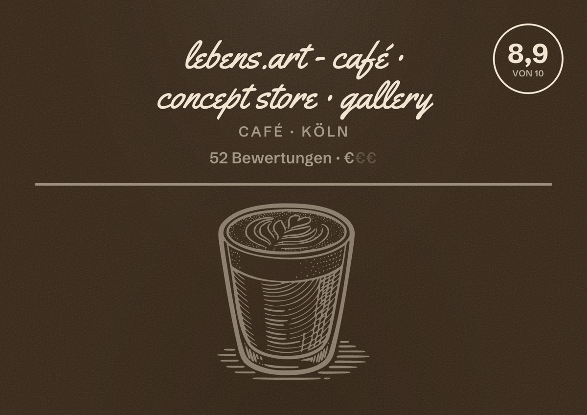 Illustriertes Poster von lebens.art - café · concept store · gallery, Café in Köln: Bewertung 8,9 von 10 aus 52 Bewertungen, Preisniveau €