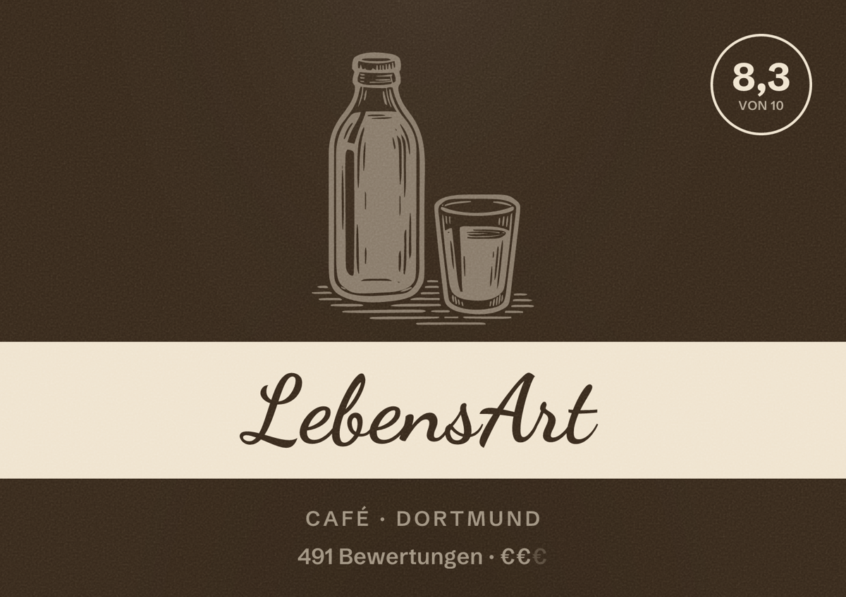 Illustriertes Poster von LebensArt, Café in Dortmund: Bewertung 8,3 von 10 aus 491 Bewertungen, Preisniveau €€