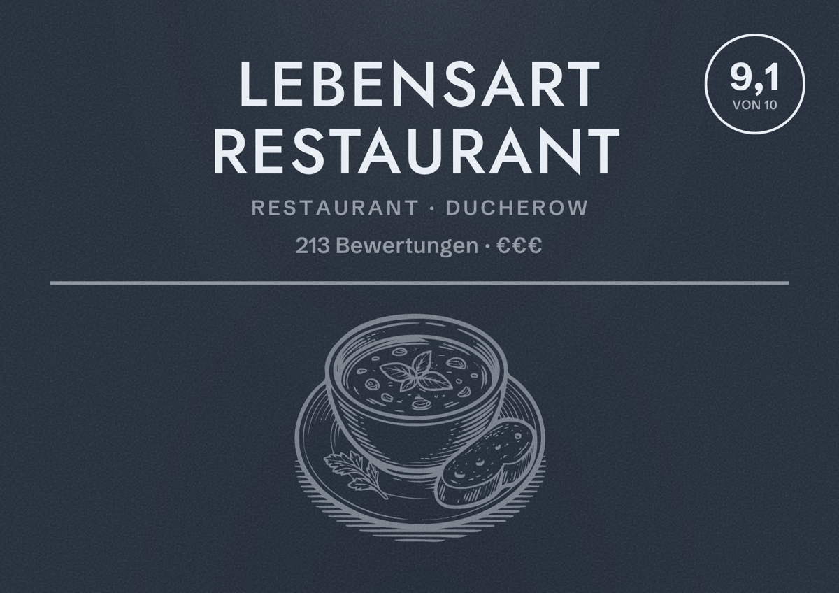 Illustriertes Poster von lebensArt Restaurant, Restaurant in Ducherow: Bewertung 9,1 von 10 aus 213 Bewertungen, Preisniveau €€€