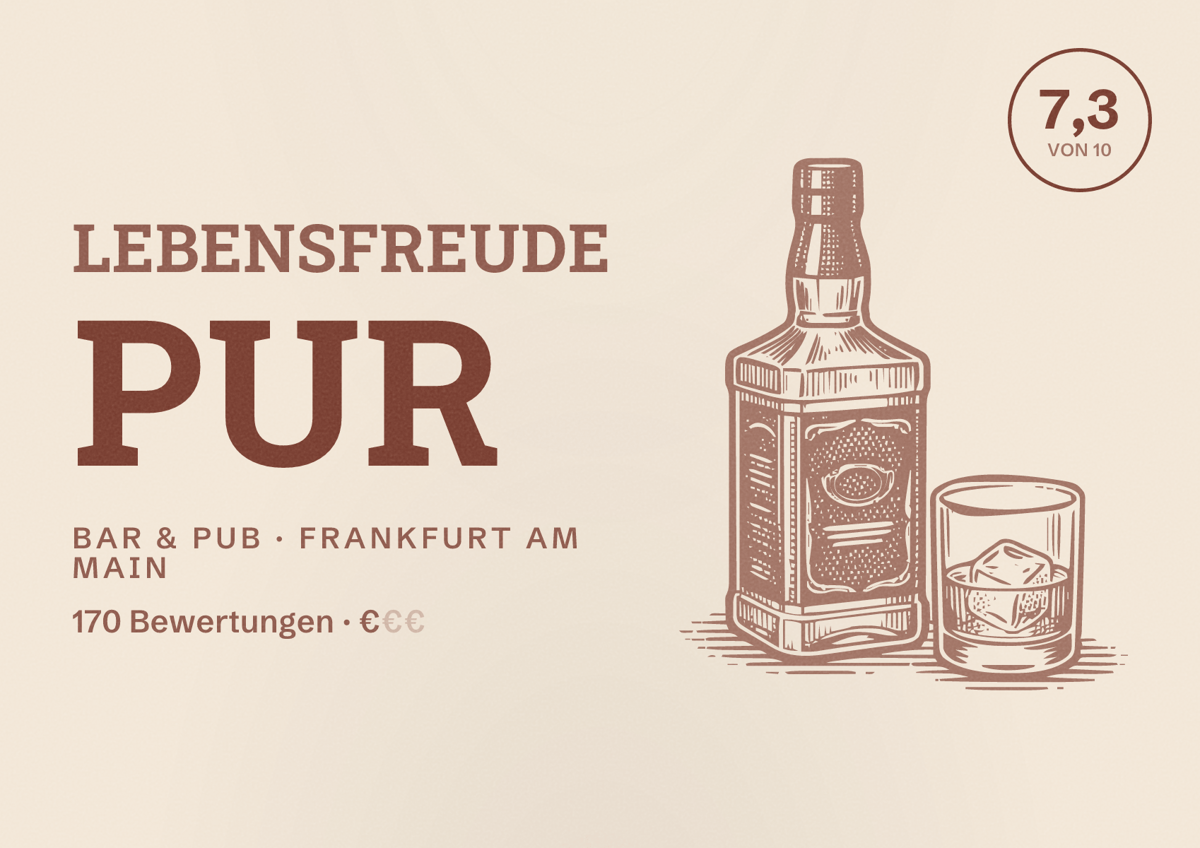 Illustriertes Poster von Lebensfreude Pur, Bar & Pub in Frankfurt am Main: Bewertung 7,3 von 10 aus 170 Bewertungen, Preisniveau €