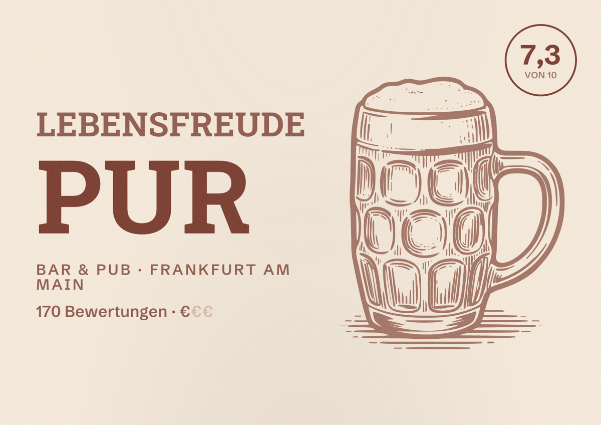 Illustriertes Poster von Lebensfreude Pur, Bar & Pub in Frankfurt am Main: Bewertung 7,3 von 10 aus 170 Bewertungen, Preisniveau €