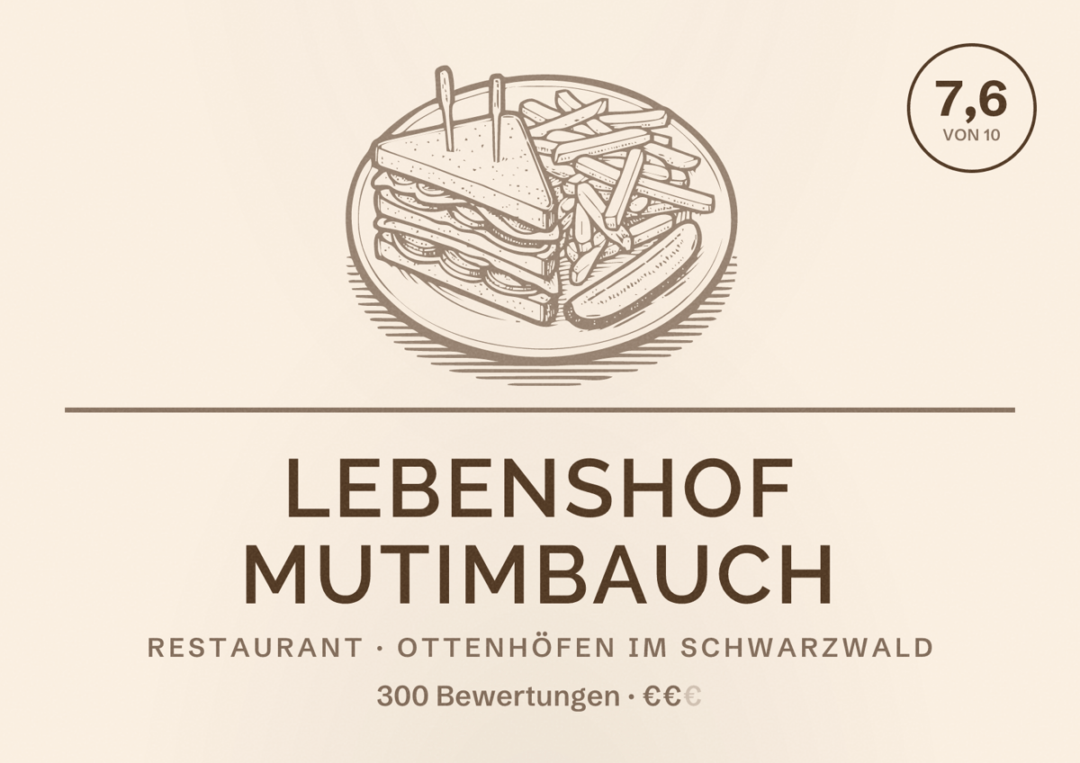 Illustriertes Poster von Lebenshof MutimBauch, Restaurant in Ottenhöfen im Schwarzwald: Bewertung 7,6 von 10 aus 300 Bewertungen, Preisniveau €€