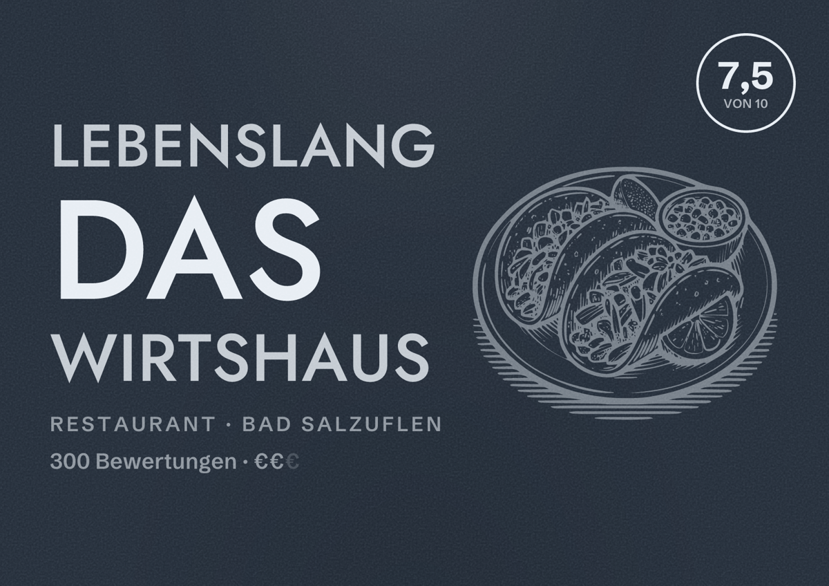 Illustriertes Poster von Lebenslang das Wirtshaus, Restaurant in Bad Salzuflen: Bewertung 7,5 von 10 aus 300 Bewertungen, Preisniveau €€