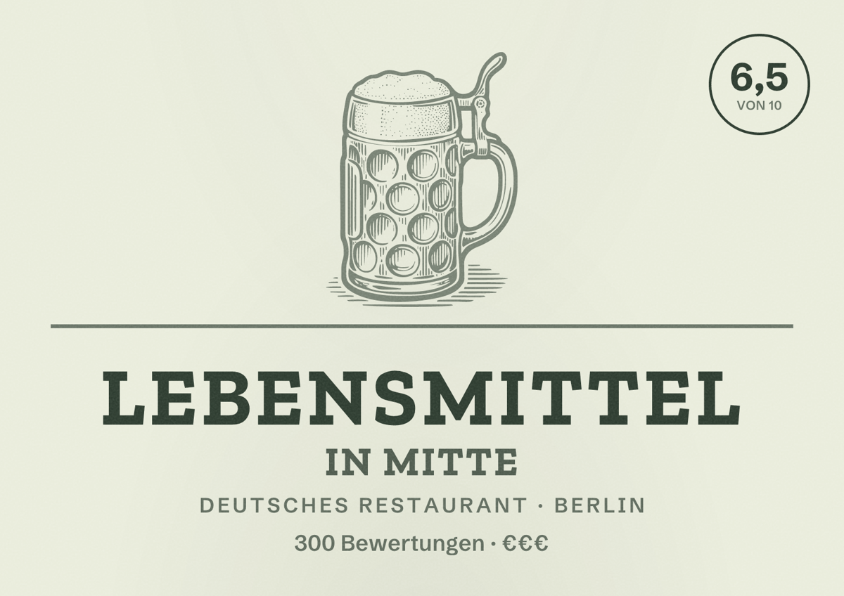 Illustriertes Poster von Lebensmittel in Mitte, Deutsches Restaurant in Berlin: Bewertung 6,5 von 10 aus 300 Bewertungen, Preisniveau €€€