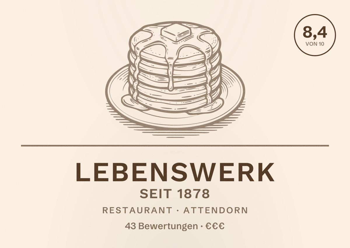 Illustriertes Poster von Lebenswerk seit 1878, Restaurant in Attendorn: Bewertung 8,4 von 10 aus 43 Bewertungen, Preisniveau €€€