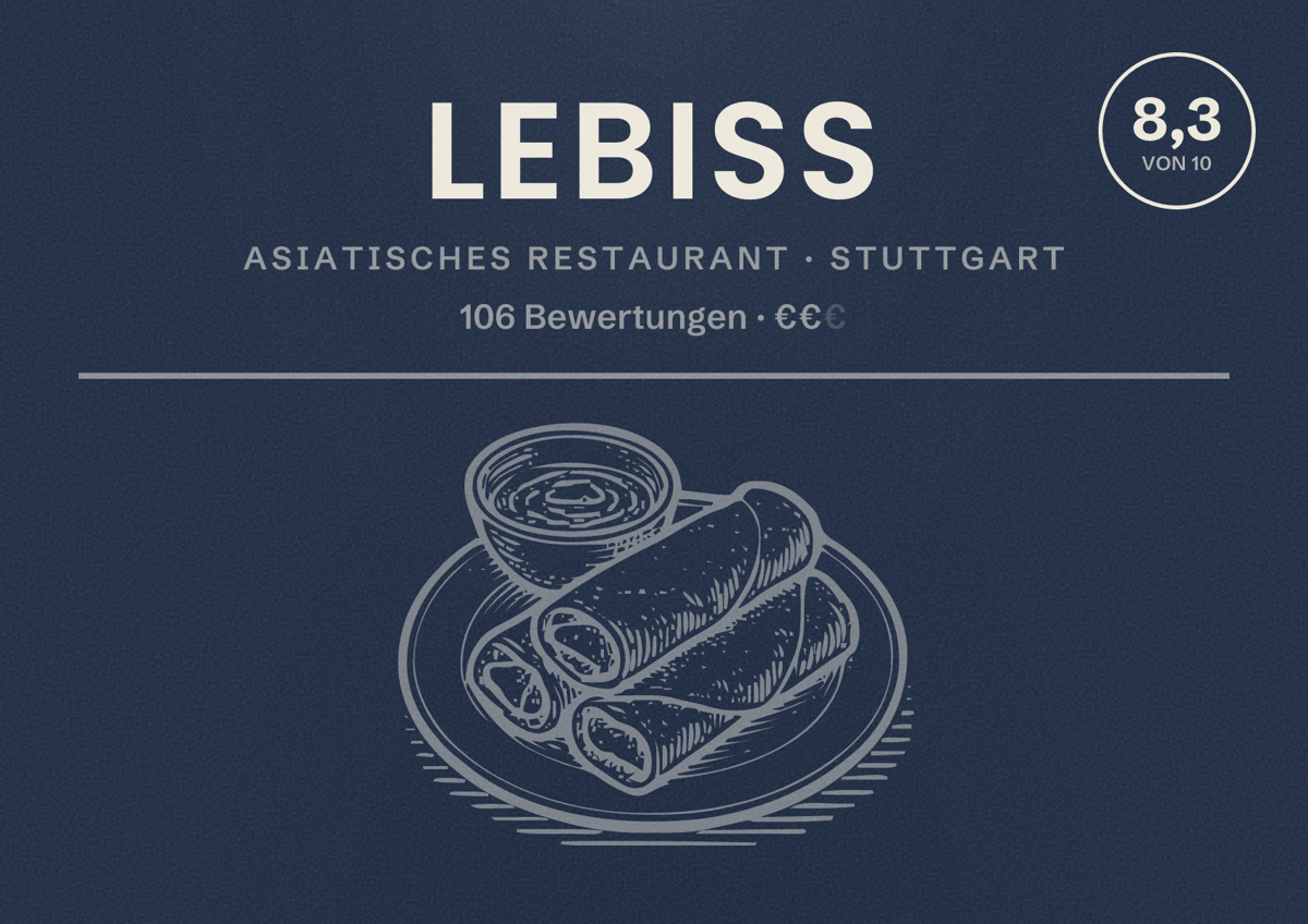 Illustriertes Poster von LeBiss, Asiatisches Restaurant in Stuttgart: Bewertung 8,3 von 10 aus 106 Bewertungen, Preisniveau €€