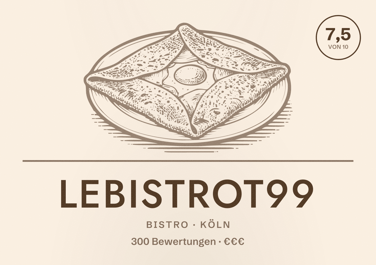 Illustriertes Poster von LeBistrot99, Bistro in Köln: Bewertung 7,5 von 10 aus 300 Bewertungen, Preisniveau €€€