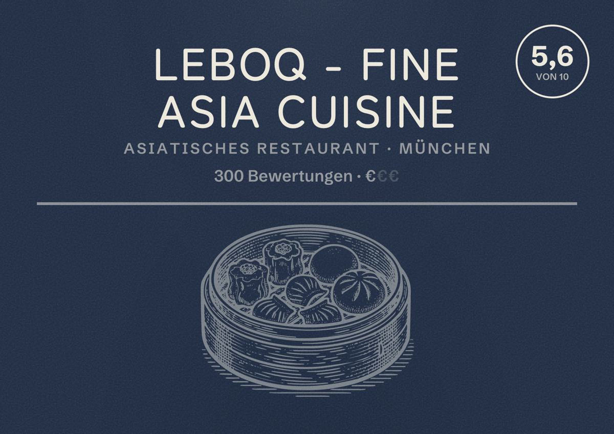 Illustriertes Poster von LeboQ - Fine Asia Cuisine, Asiatisches Restaurant in München: Bewertung 5,6 von 10 aus 300 Bewertungen, Preisniveau €