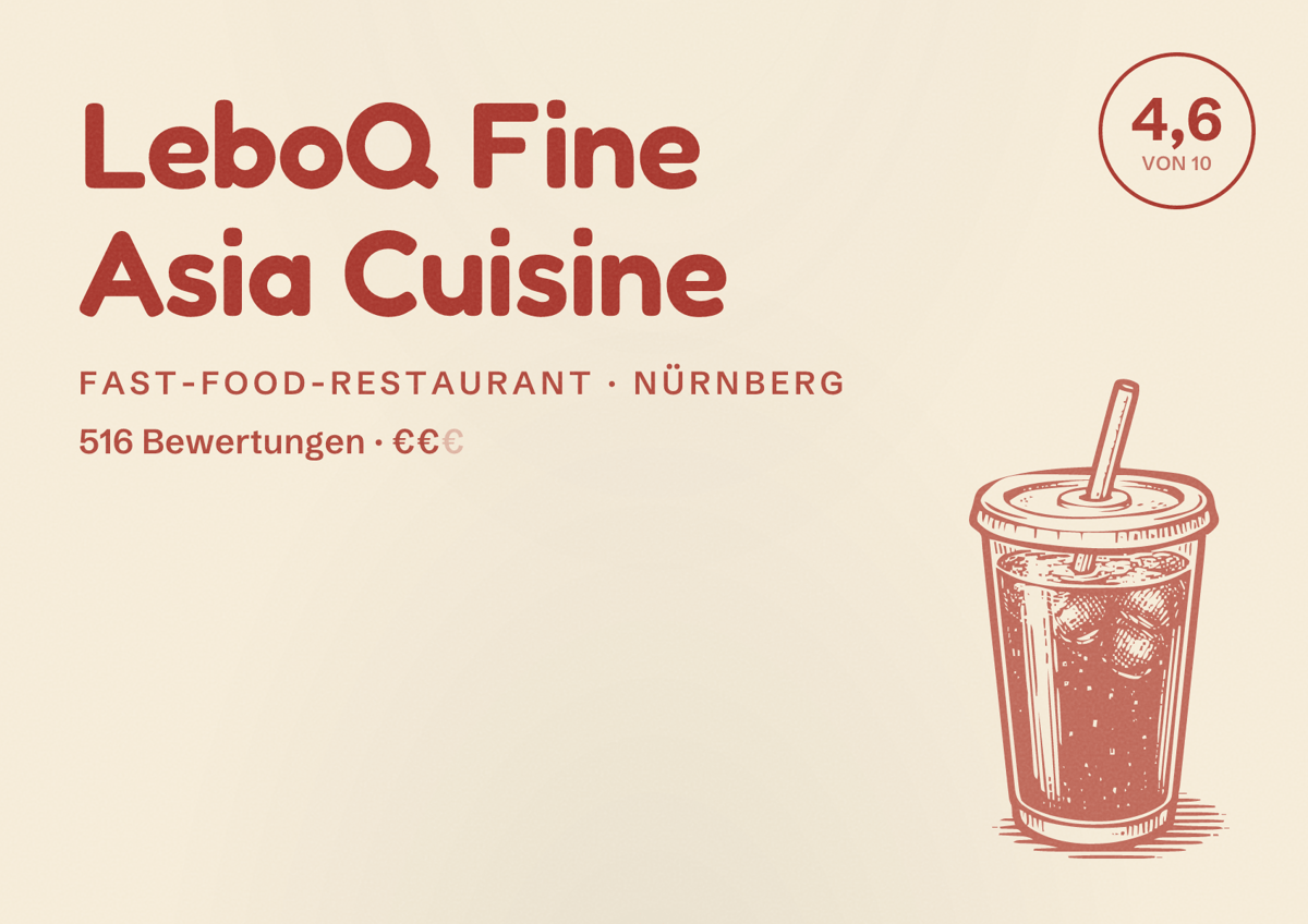 Illustriertes Poster von LeboQ Fine Asia Cuisine, Fast-Food-Restaurant in Nürnberg: Bewertung 4,6 von 10 aus 516 Bewertungen, Preisniveau €€
