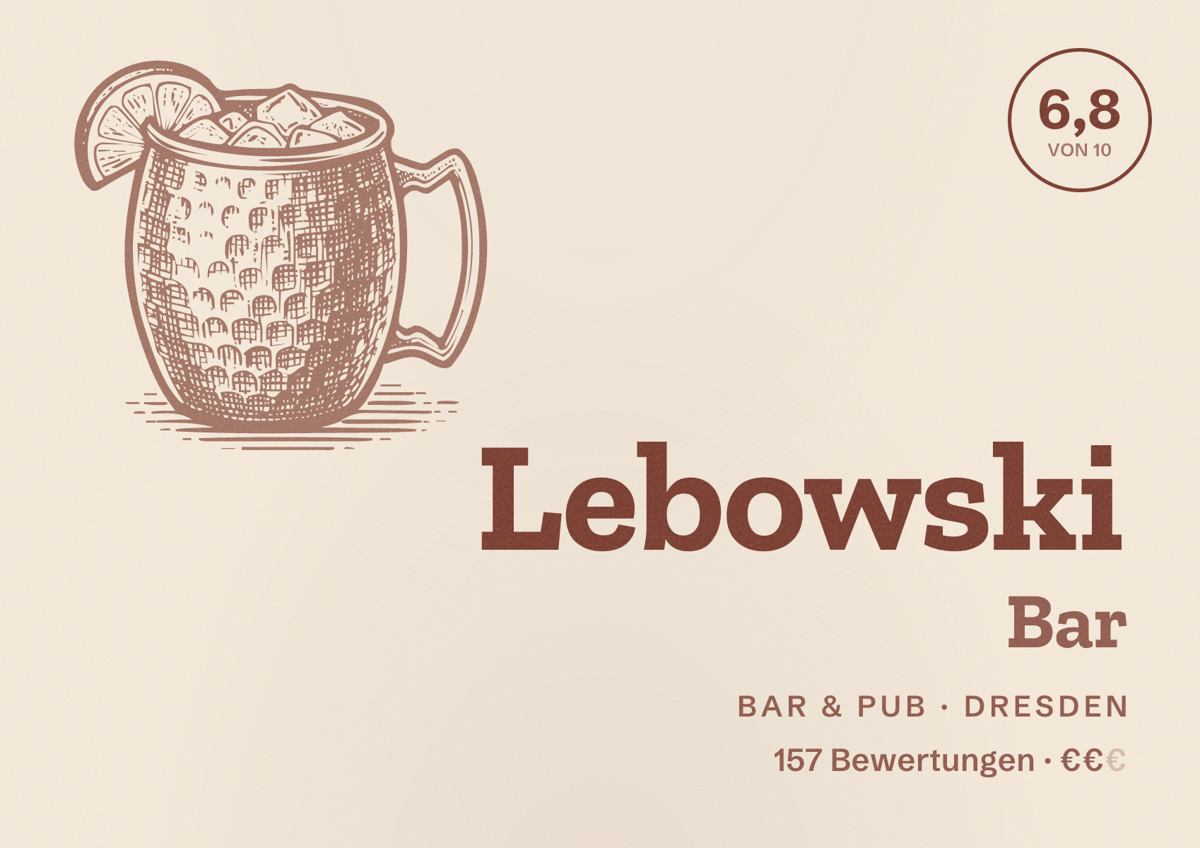 Illustriertes Poster von Lebowski Bar, Bar & Pub in Dresden: Bewertung 6,8 von 10 aus 157 Bewertungen, Preisniveau €€