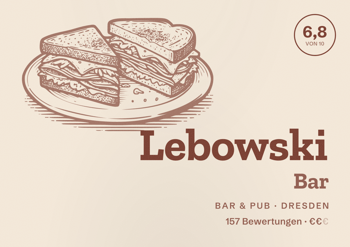 Illustriertes Poster von Lebowski Bar, Bar & Pub in Dresden: Bewertung 6,8 von 10 aus 157 Bewertungen, Preisniveau €€