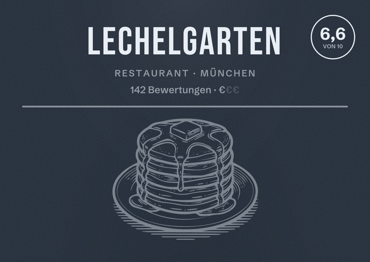Illustriertes Poster von Lechelgarten, Restaurant in München: Bewertung 6,6 von 10 aus 142 Bewertungen, Preisniveau €