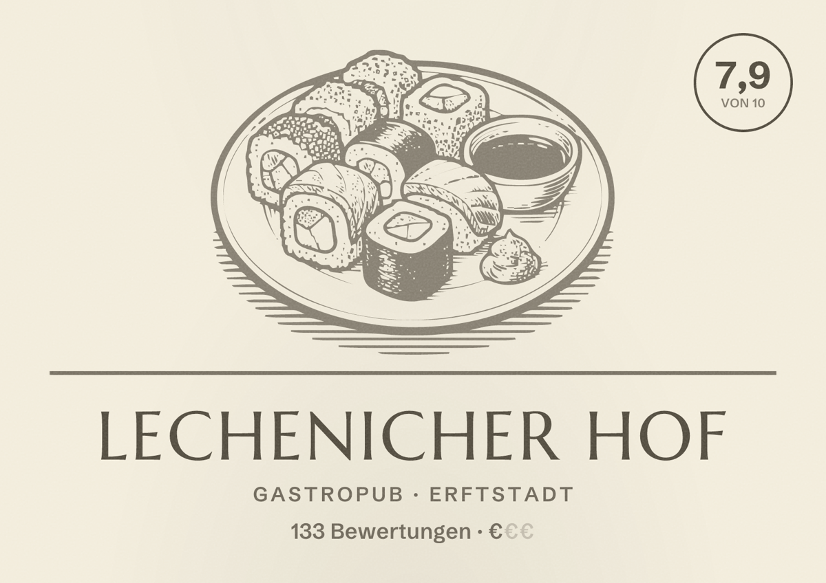 Illustriertes Poster von Lechenicher Hof, Gastropub in Erftstadt: Bewertung 7,9 von 10 aus 133 Bewertungen, Preisniveau €