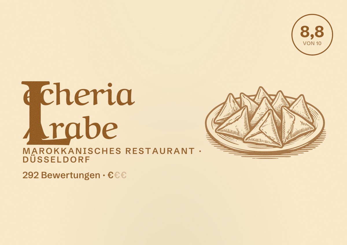 Illustriertes Poster von Lecheria Arabe, Marokkanisches Restaurant in Düsseldorf: Bewertung 8,8 von 10 aus 292 Bewertungen, Preisniveau €