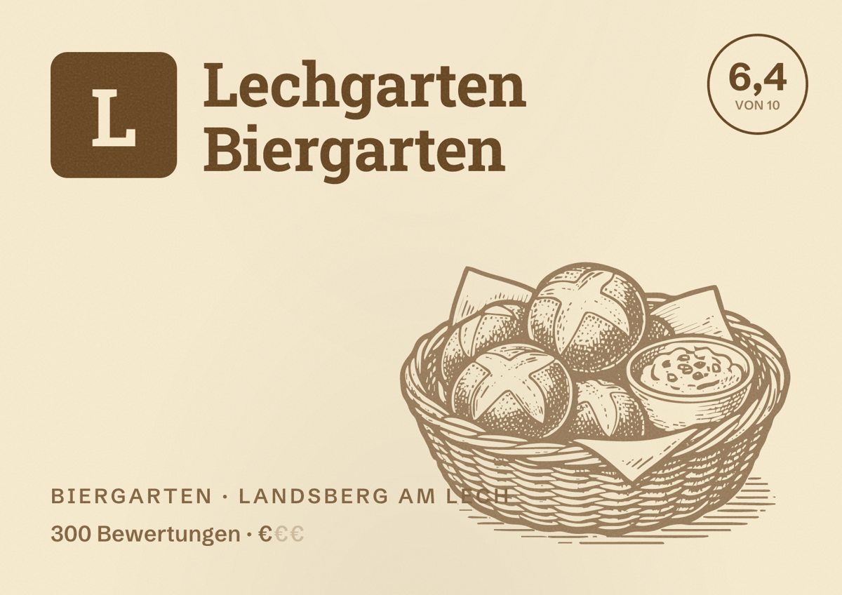 Illustriertes Poster von Lechgarten Biergarten, Biergarten in Landsberg am Lech: Bewertung 6,4 von 10 aus 300 Bewertungen, Preisniveau €