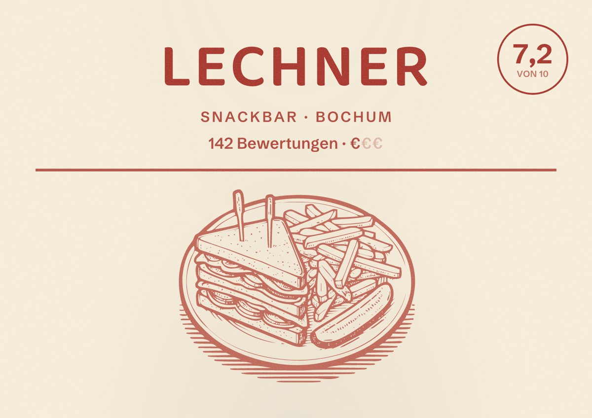 Illustriertes Poster von Lechner, Snackbar in Bochum: Gästebewertung 7,2 von 10 aus 142 Bewertungen