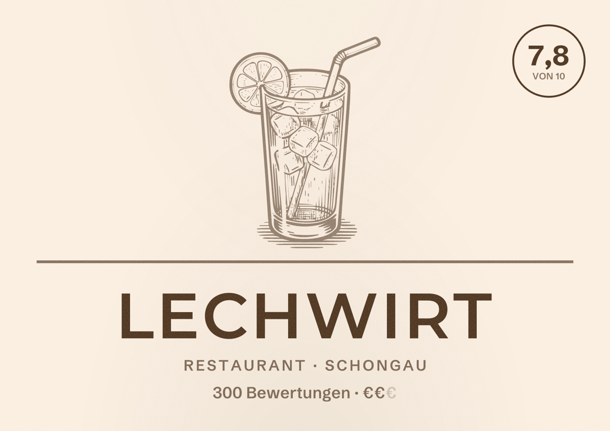 Illustriertes Poster von Lechwirt, Restaurant in Schongau: Bewertung 7,8 von 10 aus 300 Bewertungen, Preisniveau €€