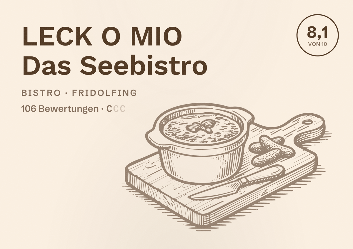 Illustriertes Poster von LECK O MIO Das Seebistro, Bistro in Fridolfing: Bewertung 8,1 von 10 aus 106 Bewertungen, Preisniveau €