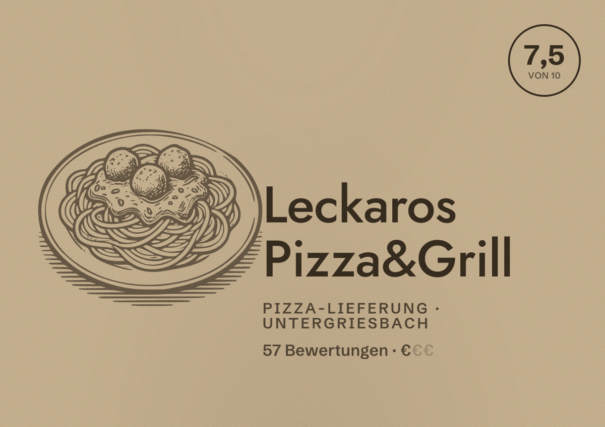 Illustriertes Poster von Leckaros Pizza&Grill, Pizza-Lieferung in Untergriesbach: Bewertung 7,5 von 10 aus 57 Bewertungen, Preisniveau €