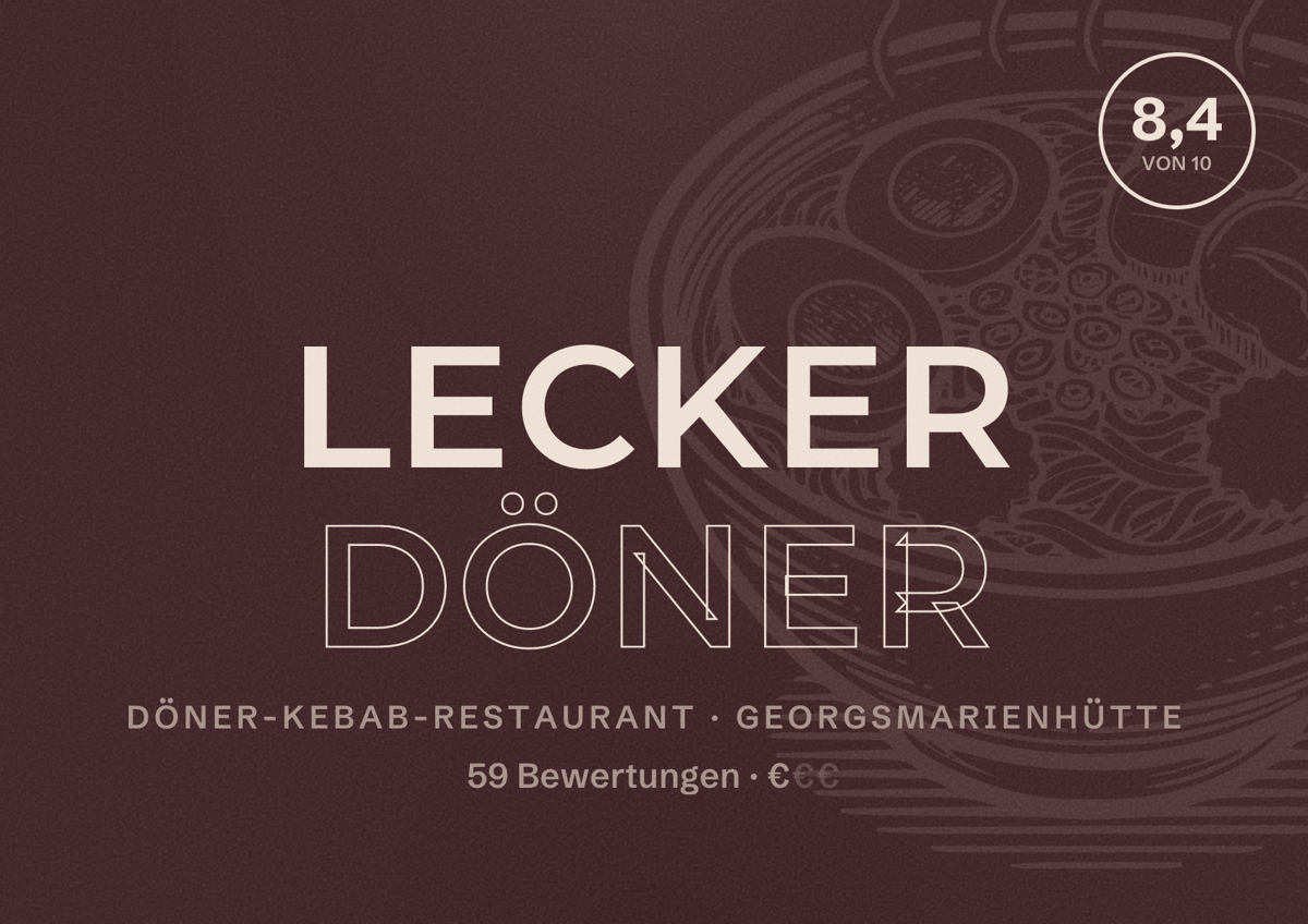 Illustriertes Poster von Lecker Döner, Döner-Kebab-Restaurant in Georgsmarienhütte: Bewertung 8,4 von 10 aus 59 Bewertungen, Preisniveau €