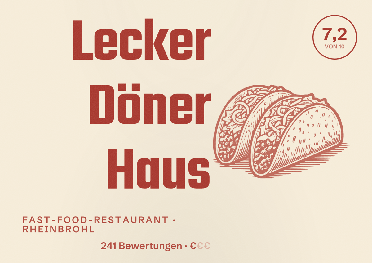 Illustriertes Poster von Lecker Döner Haus, Fast-Food-Restaurant in Rheinbrohl: Bewertung 7,2 von 10 aus 241 Bewertungen, Preisniveau €