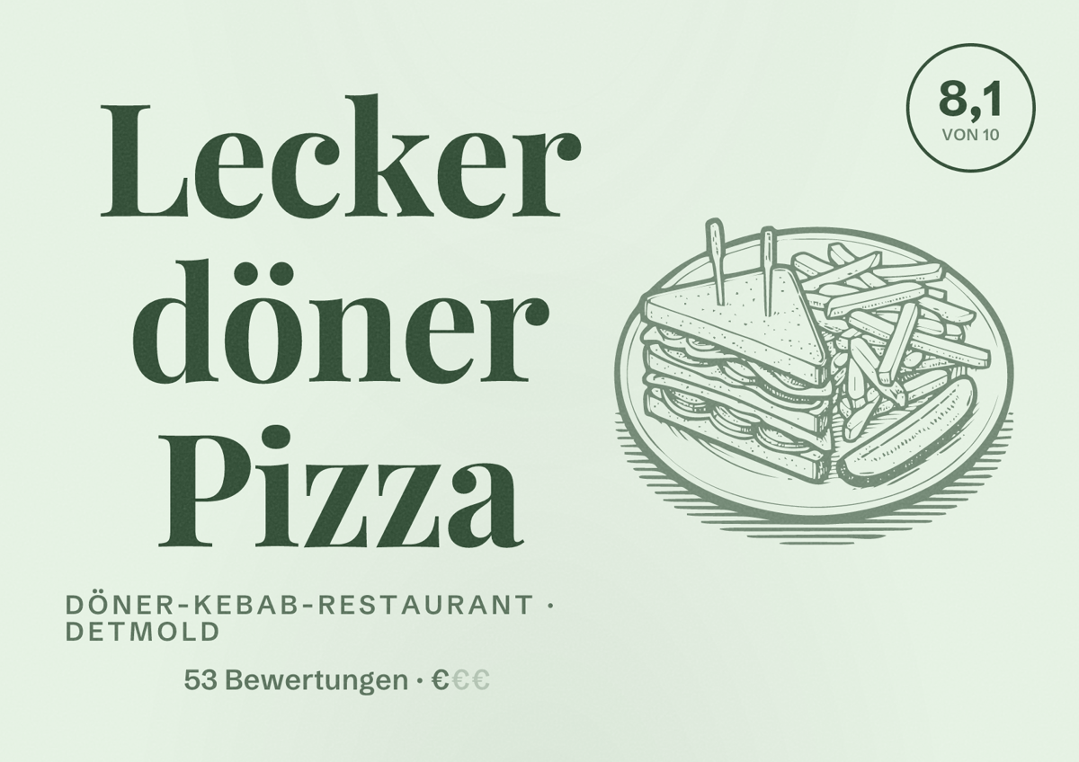 Illustriertes Poster von Lecker döner Pizza, Döner-Kebab-Restaurant in Detmold: Bewertung 8,1 von 10 aus 53 Bewertungen, Preisniveau €