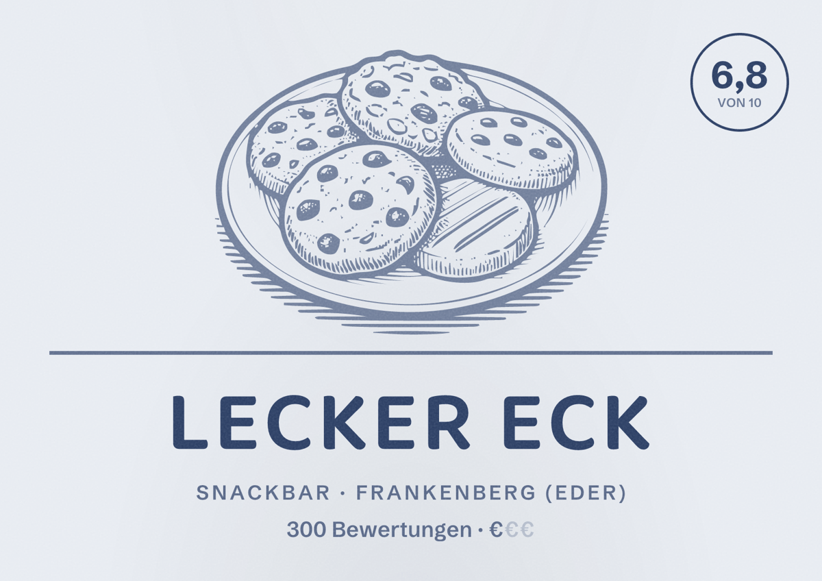 Illustriertes Poster von Lecker Eck, Snackbar in Frankenberg (Eder): Bewertung 6,8 von 10 aus 300 Bewertungen, Preisniveau €