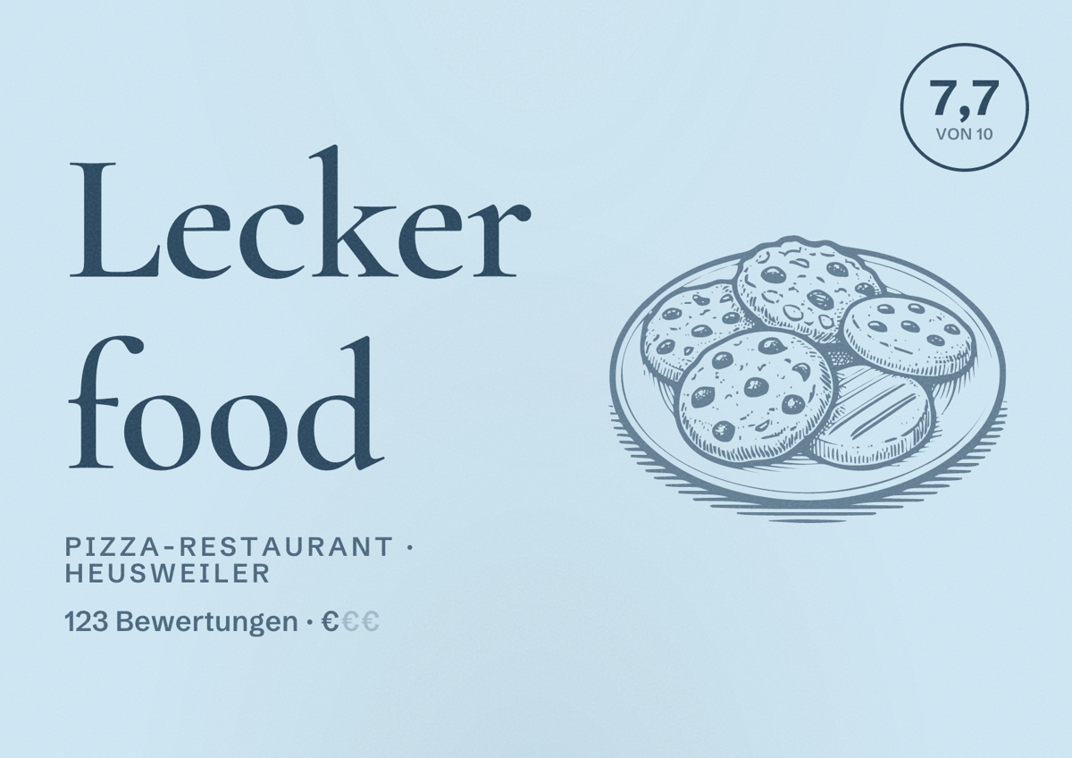 Illustriertes Poster von Lecker food, Pizza-Restaurant in Heusweiler: Bewertung 7,7 von 10 aus 123 Bewertungen, Preisniveau €