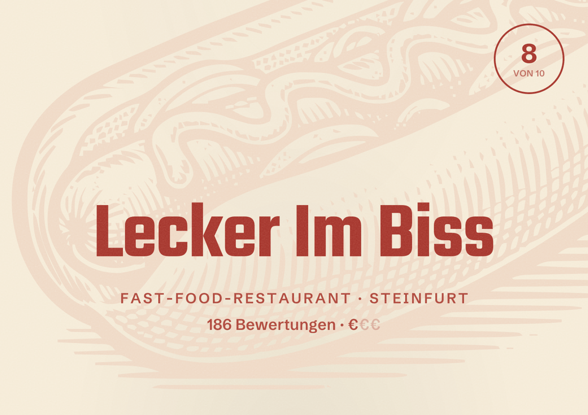 Illustriertes Poster von Lecker Im Biss, Fast-Food-Restaurant in Steinfurt: Bewertung 8 von 10 aus 186 Bewertungen, Preisniveau €