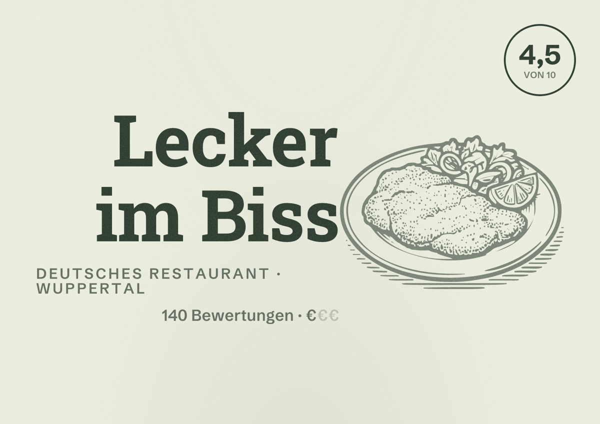 Illustriertes Poster von Lecker im Biss, Deutsches Restaurant in Wuppertal: Bewertung 4,5 von 10 aus 140 Bewertungen, Preisniveau €