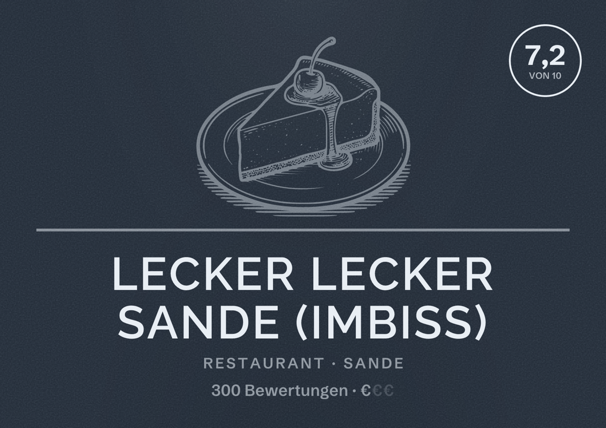 Illustriertes Poster von LECKER LECKER SANDE (Imbiss), Restaurant in Sande: Bewertung 7,2 von 10 aus 300 Bewertungen, Preisniveau €