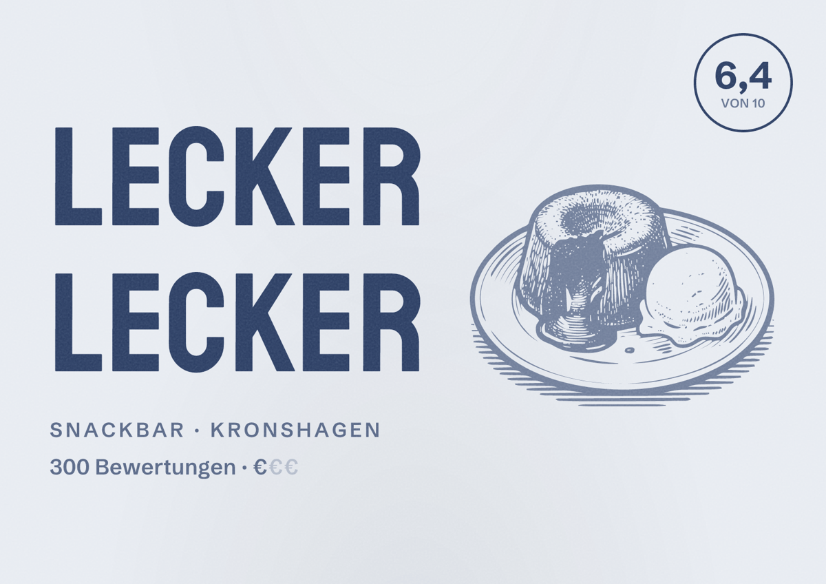 Illustriertes Poster von Lecker Lecker, Snackbar in Kronshagen: Bewertung 6,4 von 10 aus 300 Bewertungen, Preisniveau €