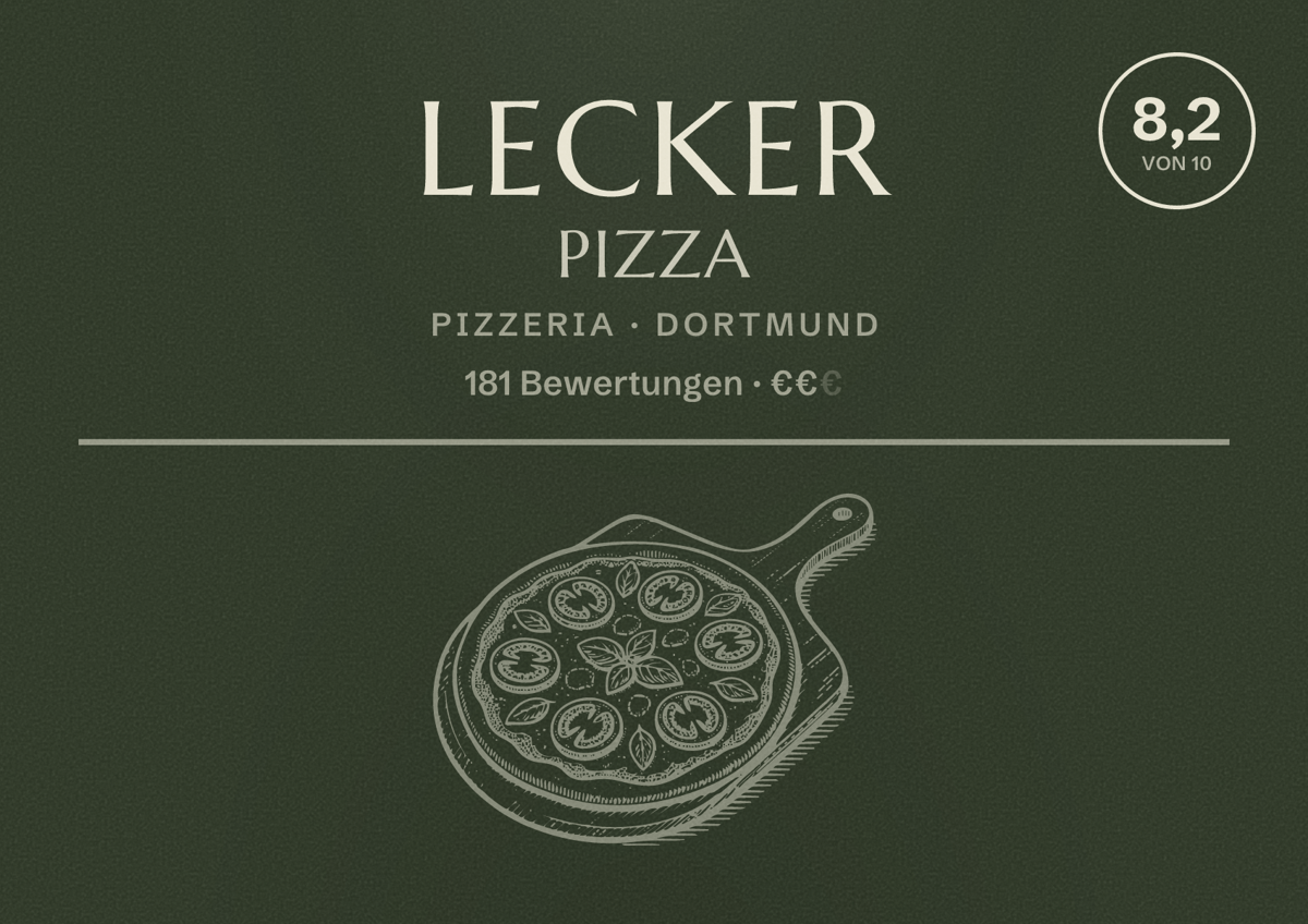 Illustriertes Poster von LECKER PIZZA, Pizzeria in Dortmund: Bewertung 8,2 von 10 aus 181 Bewertungen, Preisniveau €€