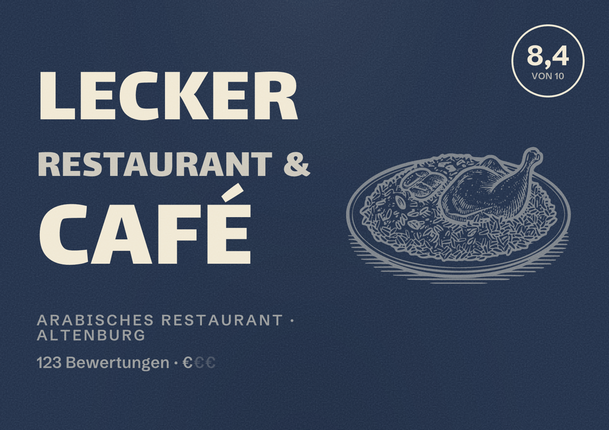 Illustriertes Poster von Lecker Restaurant & Café, Arabisches Restaurant in Altenburg: Bewertung 8,4 von 10 aus 123 Bewertungen, Preisniveau €