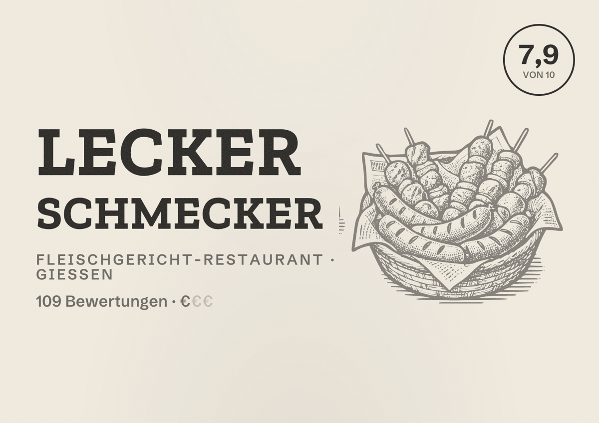 Illustriertes Poster von Lecker Schmecker, Fleischgericht-Restaurant in Gießen: Bewertung 7,9 von 10 aus 109 Bewertungen, Preisniveau €