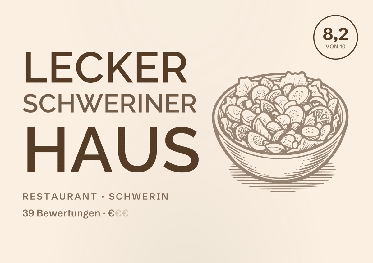 Illustriertes Poster von Lecker Schweriner Haus, Restaurant in Schwerin: Bewertung 8,2 von 10 aus 39 Bewertungen, Preisniveau €